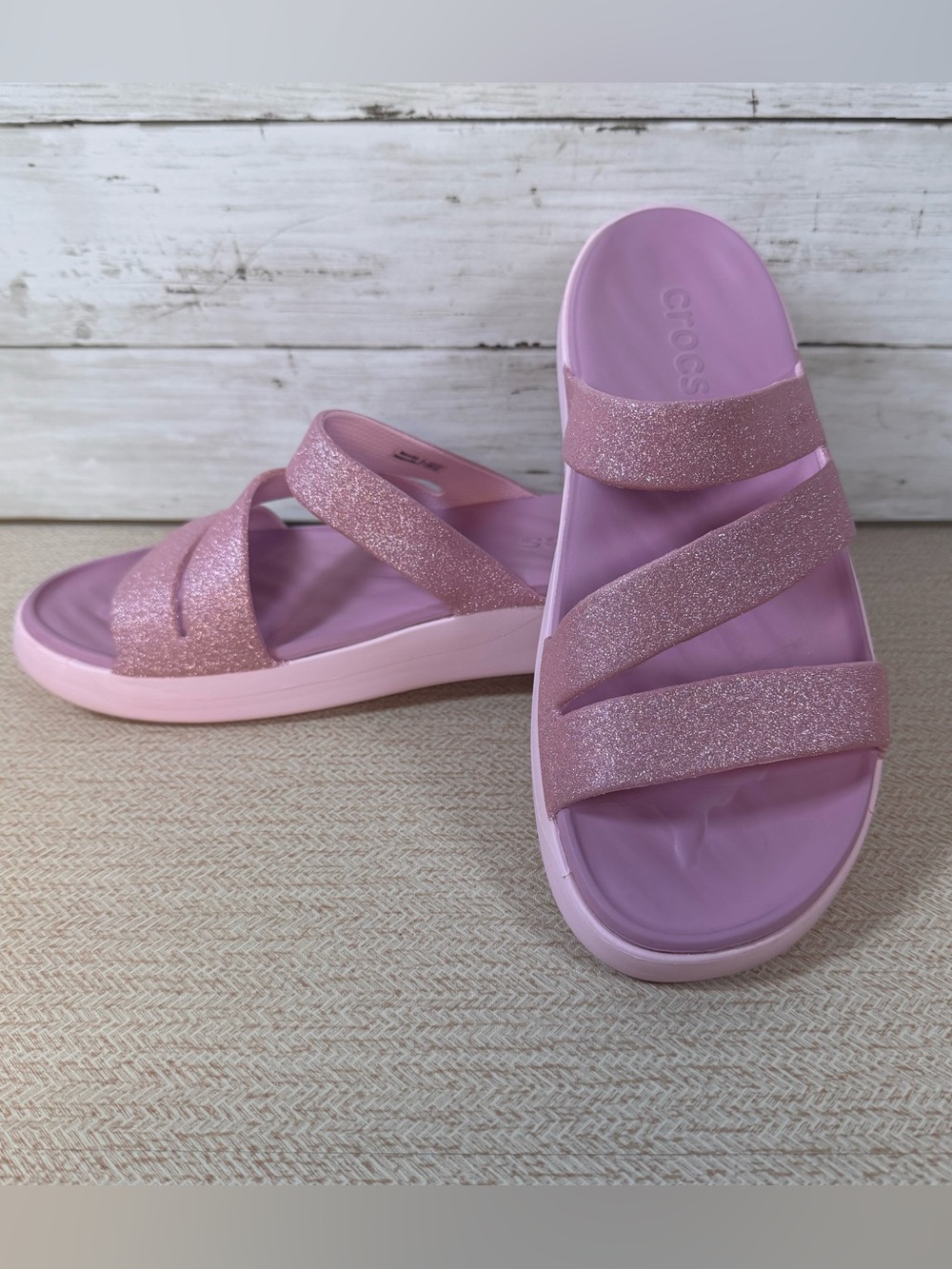 Crocs Pink Sparkle Glitter Triple Strap Slide Sandals Womens Size 10